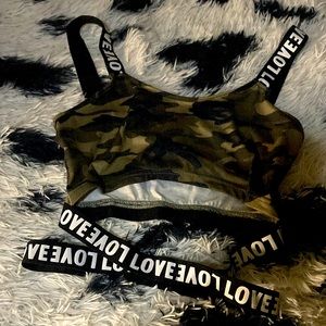 Camouflage crop top straps that say love